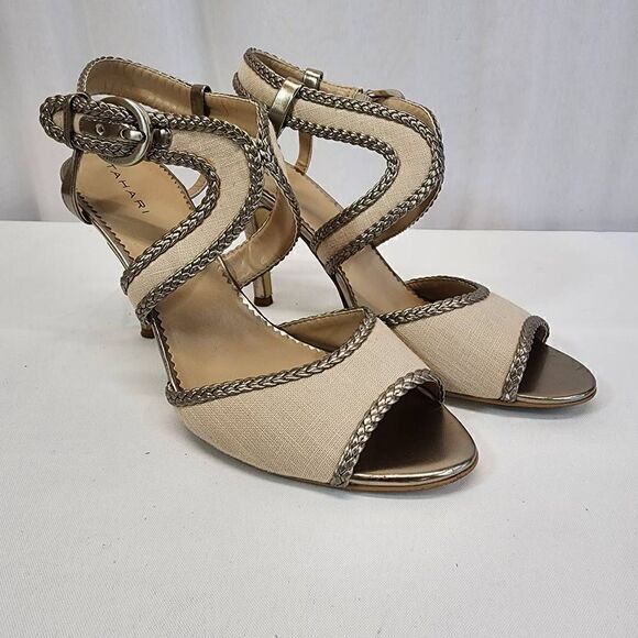Tahari LIMA womens bown Silver high heels size 9.5M linen upper leather soles - Picture 2 of 11